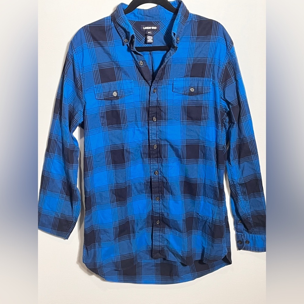 Lands' End Blue and Black Plaid Flannel Button Down Men's Shirt 15-15.5